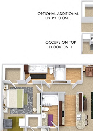 3D Brighton 2 bedroom apartment. kitchen with bar overlooking dining room-living room. optional extra entry closet. fireplace on 3rd floors. 2 baths. walk in closets. in-unit laundry. patio/balcony